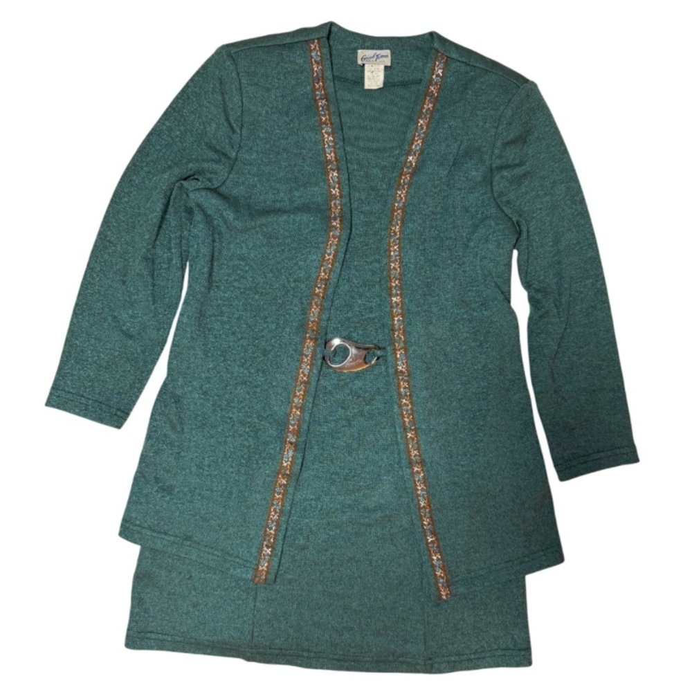 1970s Good Times Green Knit Mini Dress & Jacket Set Belted Made in USA 10P
